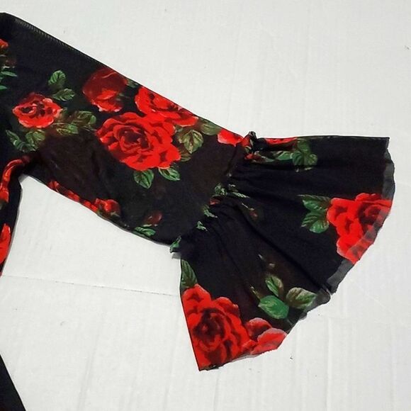 Timing Black & Red Roses Print Sheer Overlay Ruffle Sleeves Flowy Top Boho - Picture 6 of 8
